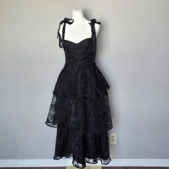 Lulu's Glamorous Sweetie Black Burnout Tie-Strap Bustier Midi Dress Size S - Picture 11 of 15